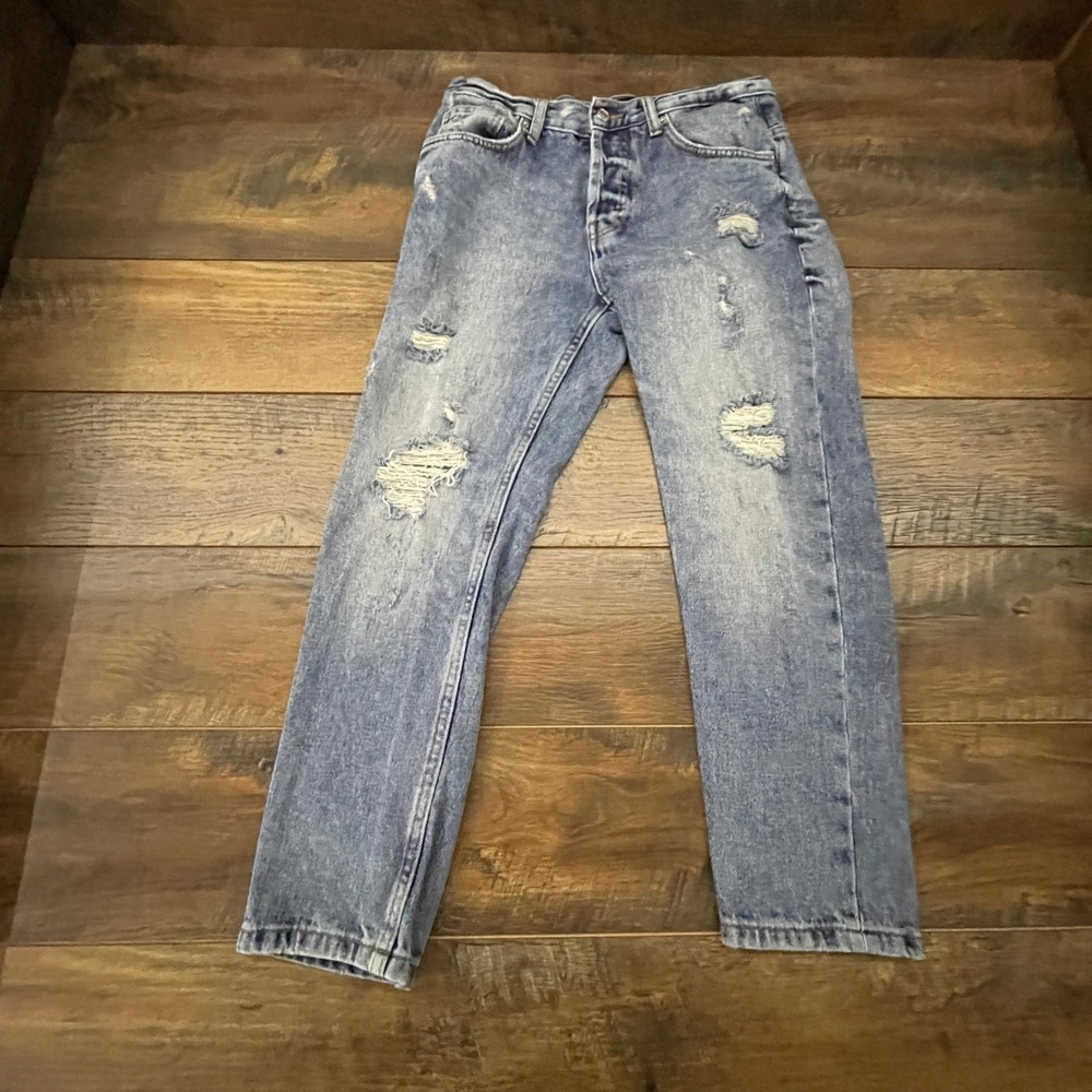 Zara Women Distressed Straight Jeans Blue Denim Button Fly Size 30 Grunge Cotton